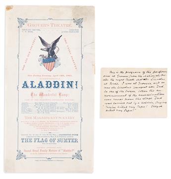 (ABRAHAM LINCOLN.) Three evocative items from the week of the Lincoln assassination: a playbill, Green Room ticket, and letter.